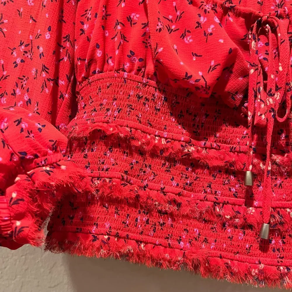 Free People Red rose Floral milk maid blouse balloon sleeves fringe cropped Sm